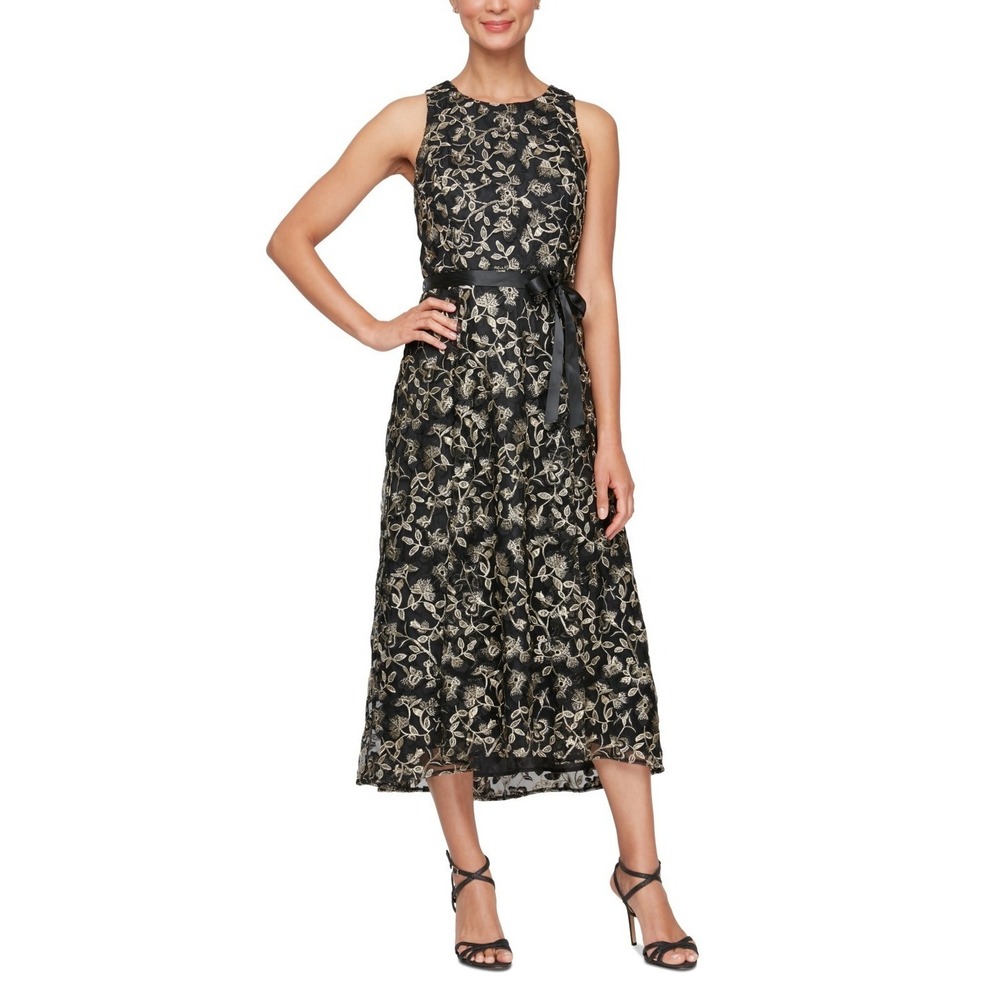 $199 Alex Evenings Embroidered Metallic Black Gold Tie Waist Midi Dress Women 10
